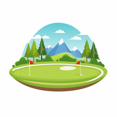 Scenic Mountain Golf Course Illustration Putting Green Amidst Pines and Peaks