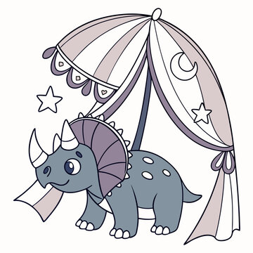 Naklejki Funny Triceratops with under an umbrella, set in a charming Starlight Ball theme – Lunar Elegance color vector art