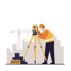 A construction surveyor using a theodolite stands in front of a cityscape illustration.