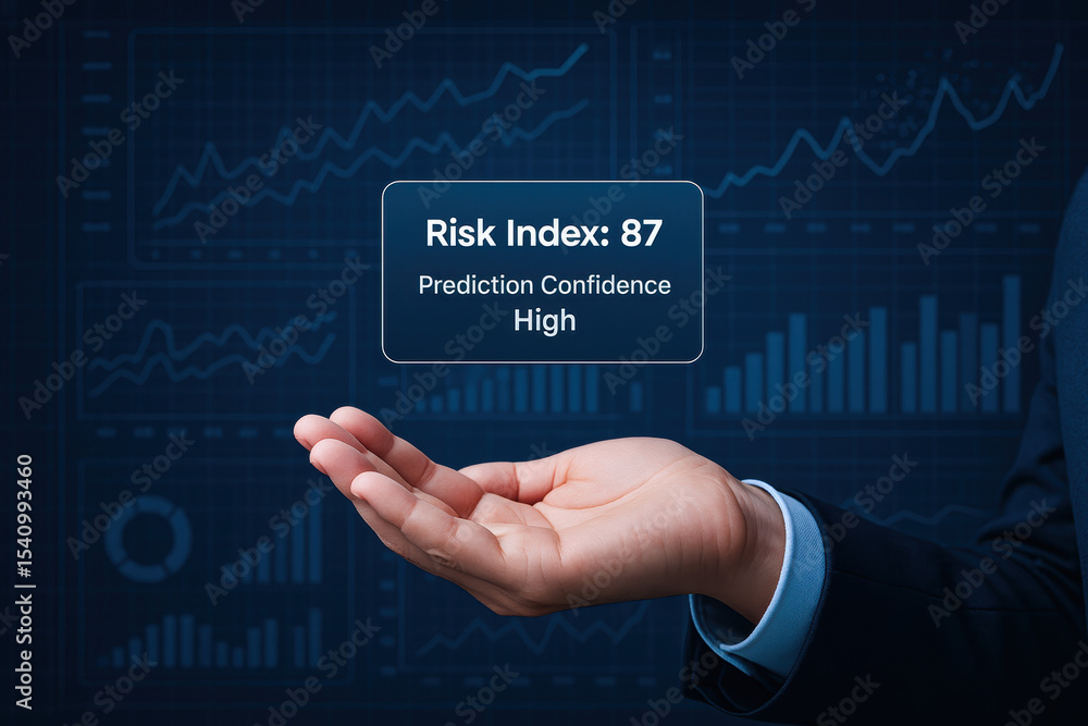 Poster predictive maintenance engineer concept with hand holding risk index and high prediction confidence 