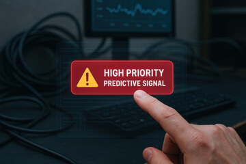 High priority predictive signal alert on screen with engineer finger pointing for maintenance action in industrial environment