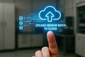 Upload sensor batch to cloud concept with finger pointing on digital interface for predictive maintenance engineer use