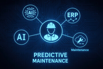 Predictive maintenance engineer concept with AI and ERP icons connected to worker symbol on digital circuit background