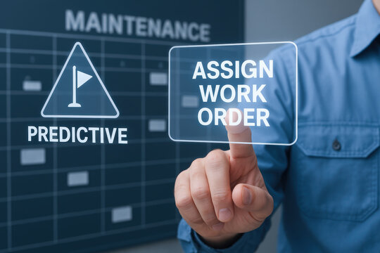 Predictive maintenance engineer assigns work order using digital interface for efficient industrial equipment management and repair process - Powered by Adobe