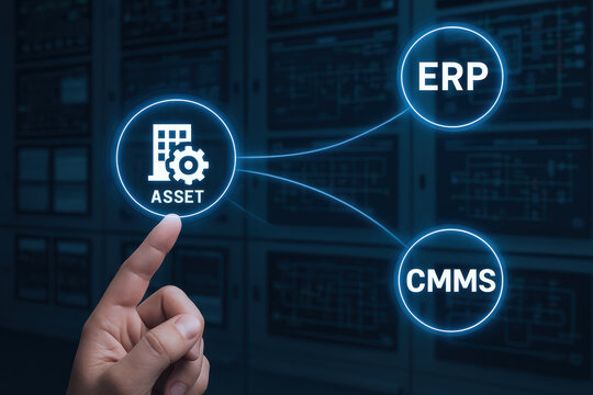 Asset management concept with predictive maintenance engineer pointing at digital interface connecting ERP and CMMS systems