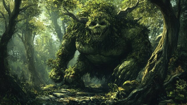 A large monster is emerging from the forest path ahead