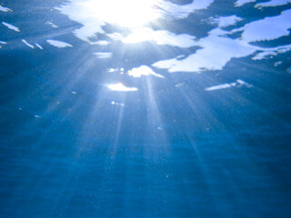 Dark blue ocean surface seen from underwater. Abstract waves underwater and rays of sunlight...