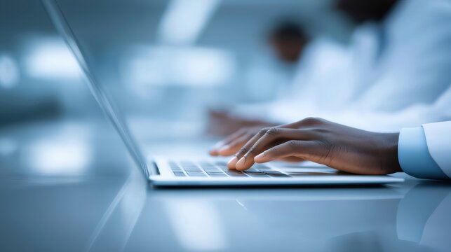 Scientist typing on laptop keyboard in modern laboratory - Powered by Adobe