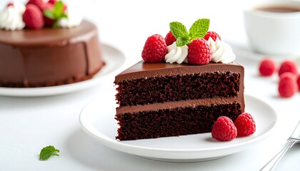 Chocolate cake slice with raspberries