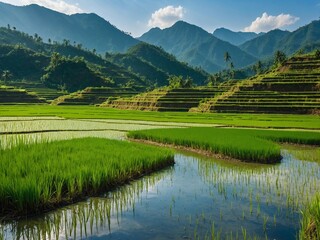 Rice Terrace Harmony: An aerial perspective showcases the breathtaking beauty of cascading rice terraces, reflecting the sky in tranquil pools of water, under the gaze of towering mountains.