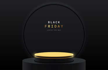 Luxury realistic gold black 3d cylinder podium placed on big stage with round circle background. Black Friday promotion pedestal concept. Minimal wall scene for mockup. Vector geometric shape platform