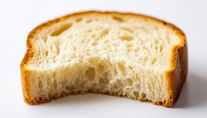A Fluffy White Bread Slice with a Bite Missing and Golden Crust on Minimalist Background