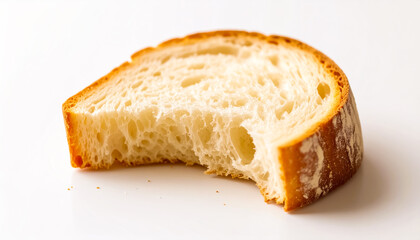 A Rustic Crusty Bread Slice with Bite Marks Displayed on a White Background in Close-Up