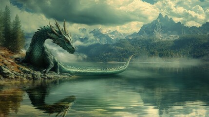 Naklejka premium A green dragon rests near a lake with mountains in the distance
