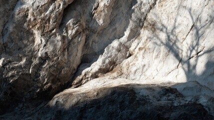 Fototapeta premium Sunlight casting shadows on textured rocky cliff, creating abstract patterns with white background