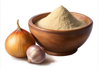 Onion powder in a wooden bowl with fresh onions isolated on white background