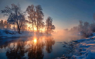 Beautiful winter landscape with trees and river reflecting warm glow of sunrise, creating serene and peaceful atmosphere