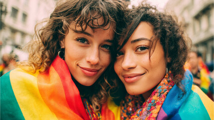 Happy multiracial lesbian couple wrapped in rainbow scarves, celebrating love and diversity at pride event, radiating joy and connection