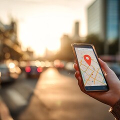Close up on a hand holding a phone displaying navigation app with pin point location on busy street