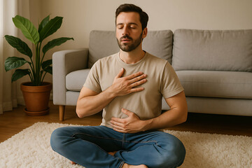 self-care routine. A man practices mindfulness meditation sitting cross-legged on a carpet in a cozy living room, focusing on breathing with eyes closed.
