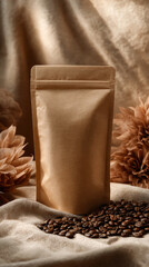 Realistic brown doypack stands prominently among coffee beans, surrounded by soft floral elements, creating warm and inviting atmosphere