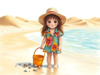   A girl is playing with a bucket, sand in the sea.