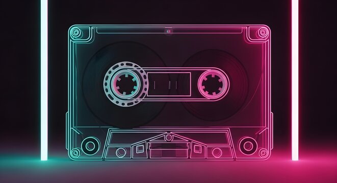 Retro Audio Cassette Tape Outline with Neon Pink and Blue Glow Generative A