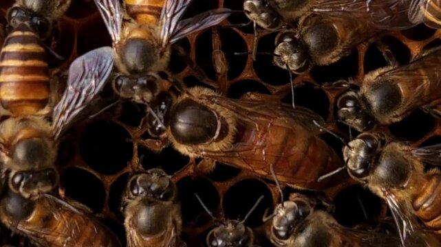 Indian honey bee (Apis cerana indica) colony thrives inside the beehive, macro footage of busy bees working with queen bee in harmony&mdash;collecting nectar, pollen from flowers, storing bee bread in cells