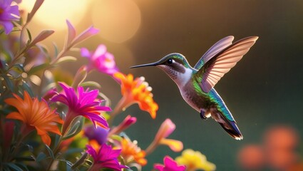 Hummingbird in Flight Amongst Vibrant Flowers A Stunning Nature Photograph