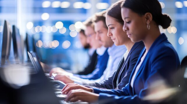 Dedicated office team focused on computer tasks in a corporate environment
