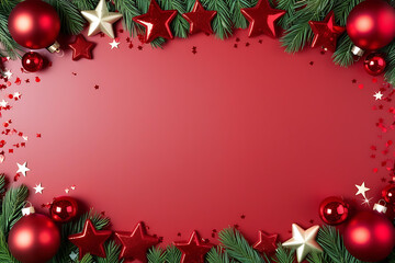 Festive Christmas Red Background. Holiday Flat Lay with Ornaments. Elegant Seasonal Celebration Frame.Christmas decor, red ornaments, holiday background, festive flat lay, winter celebration