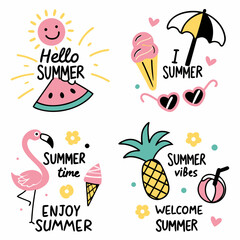 A Colorful Collection of Fun Summer-Themed Illustrations with Cheerful Text and Playful Doodles, Designed in a Vibrant Hand-Drawn Vector Format