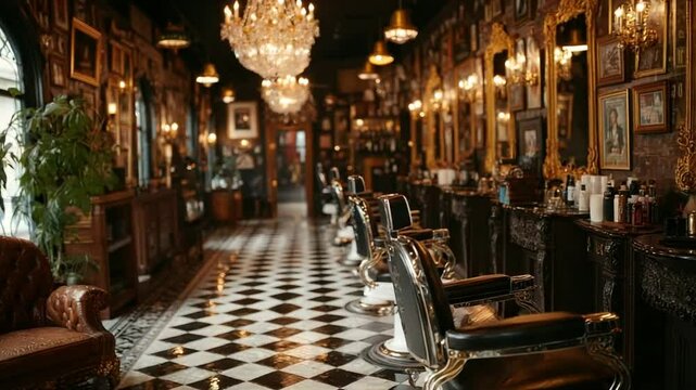 Interior of a Luxurious Barber Shop with Ornate Mirrors and Vintage Decor