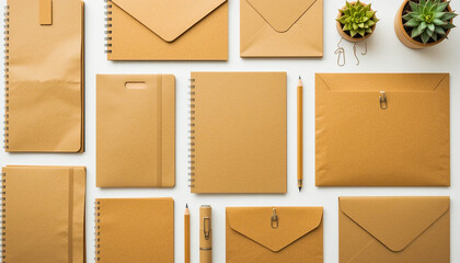 Elegant Kraft Stationery Mockup Featuring Notebooks Envelopes and Pens Ideal for Branding Design and Office Supplies Marketing