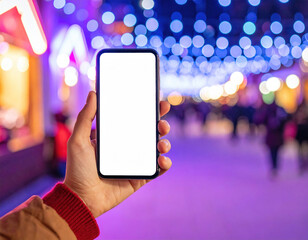 Hand holding smartphone with blank screen against vibrant, colorful bokeh background of lights creates lively and festive atmosphere