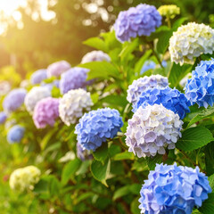Beautiful hydrangeas bloom in vibrant garden, showcasing stunning array of blue, purple, and white flowers under warm sunlight. scene evokes sense of tranquility and natural beauty