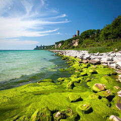 Vibrant summer scene at Lake Erie showcasing lush green algae bloom along rocky shoreline, with clear blue skies and distant buildings creating picturesque landscape