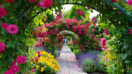Naklejka premium Enchanting Rose Garden Path A Blooming Floral Paradise