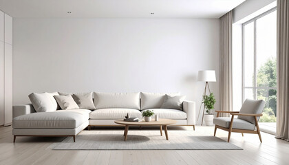 Modern minimalistic living room featuring spacious light colored sectional sofa, wooden coffee table, and stylish armchair. room is bright with natural light streaming through large windows