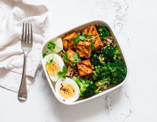 Minimalist Bento Box with Tofu, Broccoli, Brown Rice and Soft-Boiled Egg