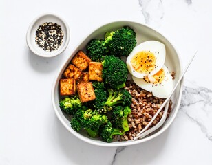 Minimalist Bento Box with Tofu, Broccoli, Brown Rice and Soft-Boiled Egg