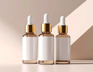 Three Skincare Dropper Bottles Mockup on Beige Background