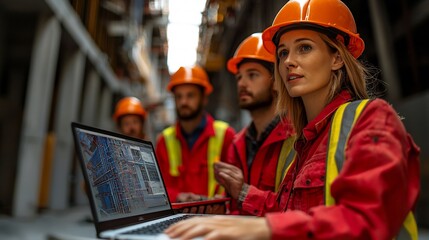 Background Image of a Team Using Laptops and Ai Software to Model Structural Beams and Inspect Concrete During Urban Development Construction