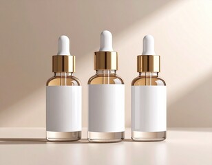 Three Skincare Dropper Bottles Mockup on Beige Background
