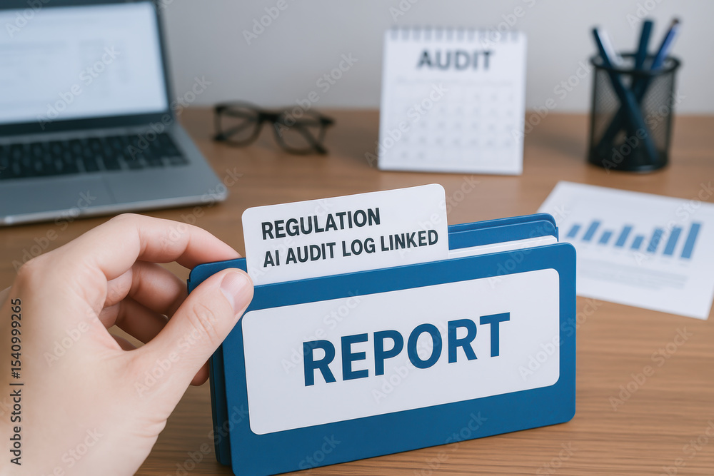 Poster ai audit log linked regulation report concept in civil engineering and construction office with lapt