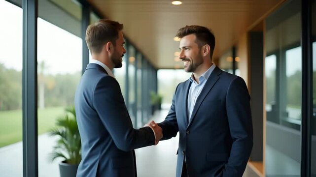 Manager and Employee Share Formal Handshake Outside Conference Room Corridor After Successful Negotiation, Reinforcing Trust and Partnership in Professional Setting - Photo Stock Concept with Empty Sp