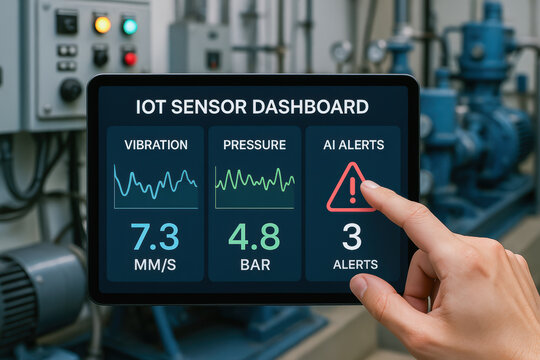 AI civil engineering construction uses IoT sensor dashboard to monitor vibration pressure and alerts for efficient project management and safety