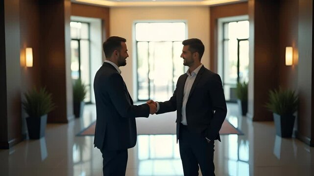 Business partners exchanging firm handshake in well lit corporate lobby negotiating agreement formal attire polished environment reflecting professionalism in  Photo Stock  Concept  and empty space on