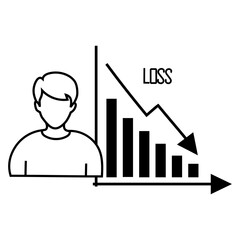 Business decline chart. Financial crisis concept. Person silhouette problem. Vector economy loss.