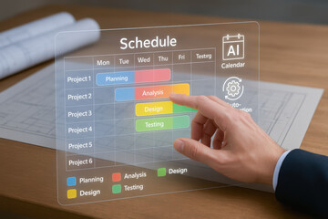 AI civil engineering construction schedule planning and analysis is displayed transparent digital interface with hand pointing design tasks